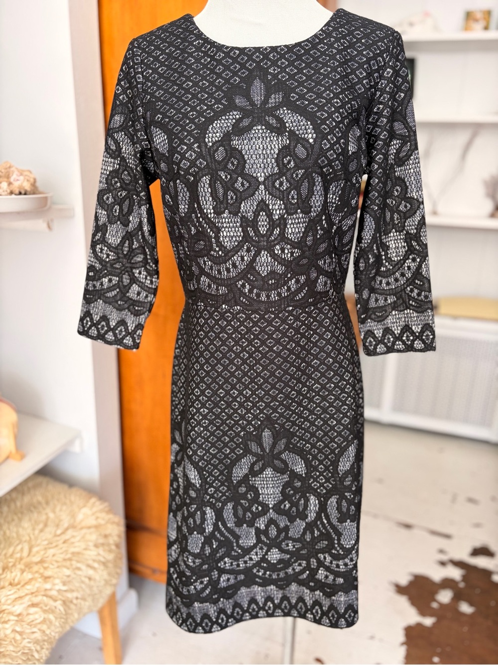 Gabby Skye Navy and Gray Lace-Pattern Sheath Dress
